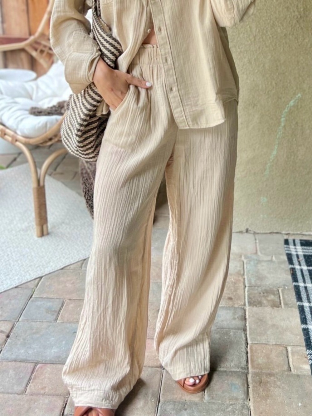 Womens Lightweight Beige Cotton Blend Pants